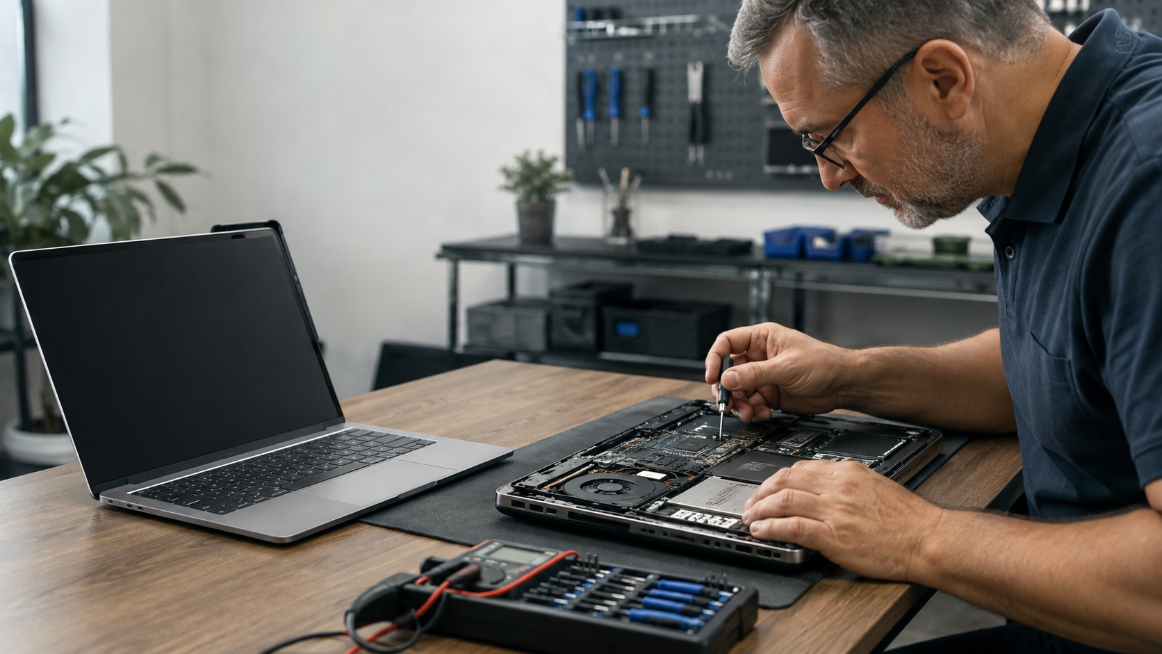 Technician deciding whether a computer should be repaired or replaced