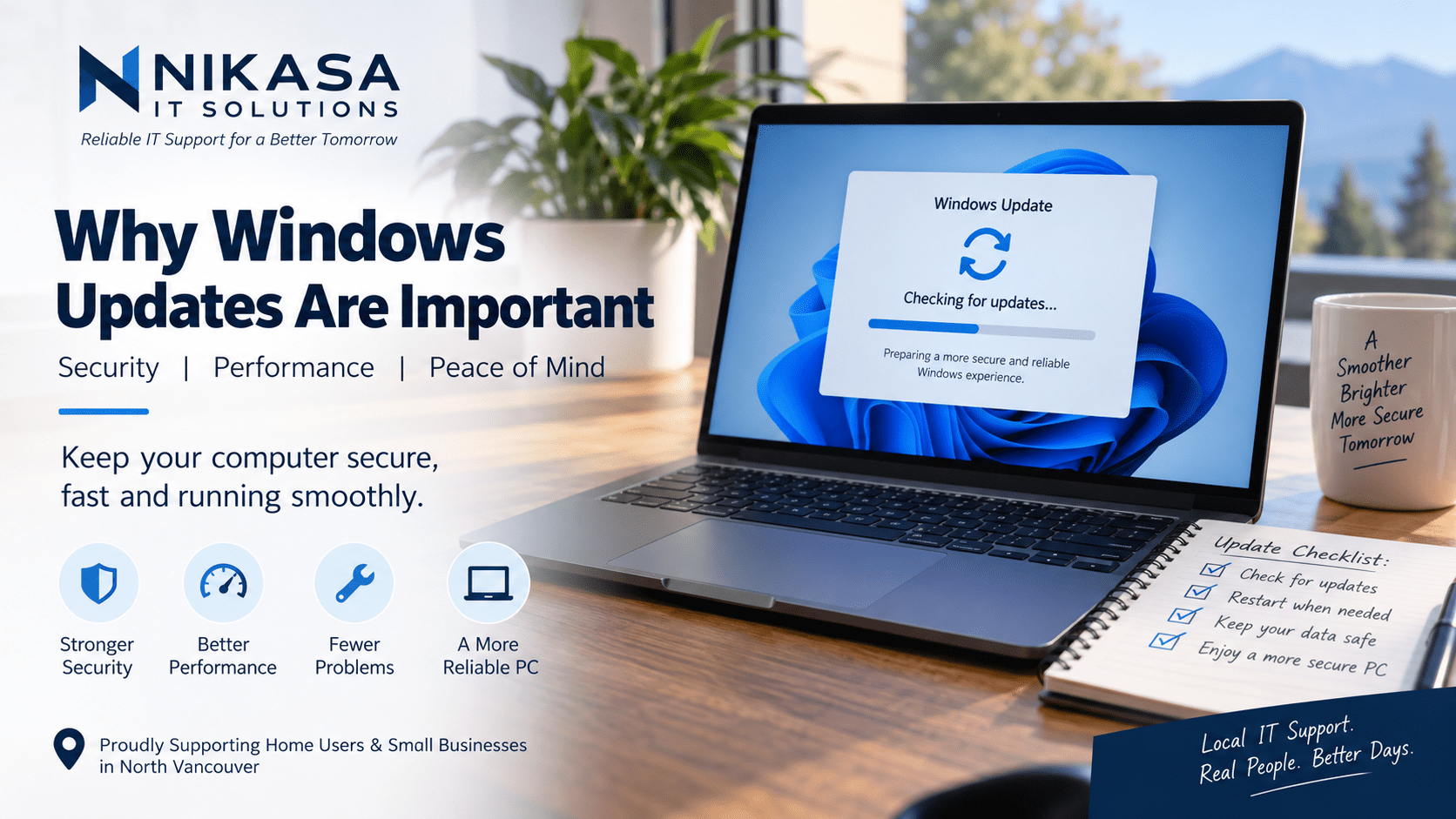 Windows Update on a laptop with security and performance tips